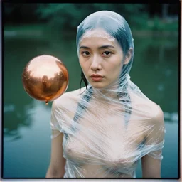 a closeup portrait of a woman wrapped in plastic, standing next to a levitating copper orb, in a pond, color photograph, by vincent desiderio, canon eos c 3 0 0, ƒ 1. 8, 3 5 mm, 8 k, medium - format print
