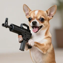 a very hangry chihuahua dog. holding an ar - 1 5, aiming