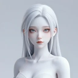 Create a beautiful android female subject looking to the camera. Pale white skin with anime accents in the face. 3D render , artstation.