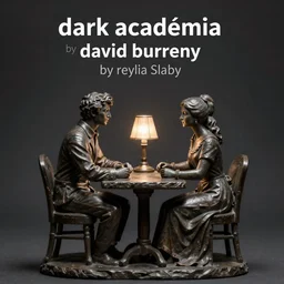 dark academia by david burdeny, by reylia slaby. a sculpture of two people, a man & a woman, sitting at a table. the man is looking at the woman with interest. the woman is not interested in him. there is a lamp on the table between them.