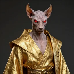 hairless tabaxi dungeons and dragons wearing a golden robe. Evil red glowing eyes. Artstation, highly detailed, 8k