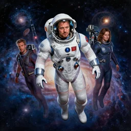beautiful matte painting of joel kinnaman wearing a pace suit from team newrocket floating in the cosmic galaxy, by thomas kinkade and greg rutkowski and ilya kuvshinov, masterpiece illustration, ultrarealistic