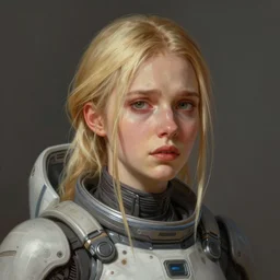 portrait of a woman by greg rutkowski, she is about 3 0 years old, slavic, pretty, blond hair with two strans around her face, devastated expression, helplessness and denial, she is wearing a futuristic space gear, highly detailed portrait, digital painting, artstation, concept art, smooth, sharp foccus ilustration, artstation hq.