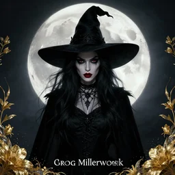 symmetrical centered portrait of Anna Millerstone as a Dark evil witch, big moon in the background, dramatic lighting, book cover illustration by Greg rutkowski, yoji shinkawa, 4k, digital art, concept art, trending on artstation, golden silver elements, empty space, flower elements