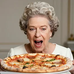 head and shoulders portrait of queen margherita of savoy gaping over an entire pizza, in her 3 0 s, tiara, pearl necklace, soft light, neutral background, black and white historical photo by letizia battaglia and peter lindberg