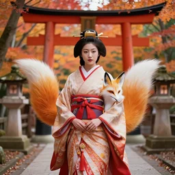 full - color photo of a beautiful japanese kitsune goddess who is hybrid of half human woman and half anthropomorphic fox, in a windy inari shinto shrine in kyoto full of autumn leaves. highly - detailed ; professional portrait photography.