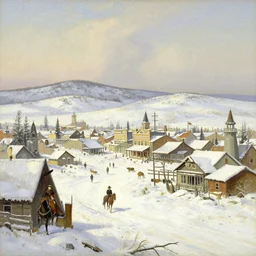 greg manchess painting of a wild west town landscape with no person nor horse in the painting only buildings in the year 1 8 5 0, in winter, painting, trending on artstation, by huang guangjian and gil elvgren and sachin teng