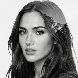 megan fox face in beautiful mountains, double - exposure effect, in the style of dan mountford, amazing detail, black and white