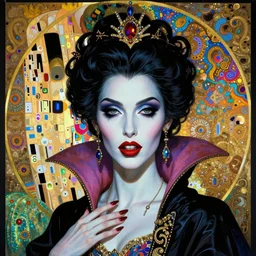 hyper detailed masterpiece vampire girl duchess by donato giancola and tom bagshaw, face by artgerm and edmund leighton, and alphonse mucha, trending on artstation, colorful, psychedelic aesthetic, ornate, background by gustav klimt, 8 k, biomechanical, majestic, volumetric lighting, porcelain skin, concept art, sharp focus