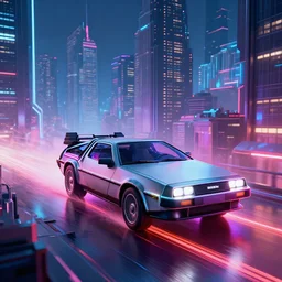 delorean in a cyberpunk city with skyscrapers, artstation award winner, digital art, volumetric lighting, neon colors, shot from far, octane render
