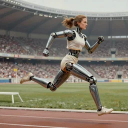 Trinity the matrix, Female sprinter in athletic attire with cyborg legs, metal body, diesel punk, athletic footage, 1960's olympics, artstation, hyperdetailed, art deco stadium, painting by sargent