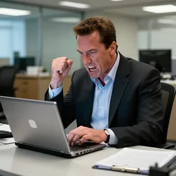 arnold schwarzenegger as conan the barbarian sitting at a desk, as an office worker, in an office, inside an office building, sitting at a desk, angrily shouting at a laptop, computer trouble, technical difficulties, software error, crisp lighting, studio lighting
