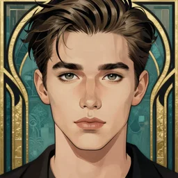 art by Ilya Kuvshinov, Patrick Nagel, art deco, art nouveau, portrait of a beautiful young male! beautiful face, symmetrical face, beautiful eyes, semi realistic anime, anime! 4k