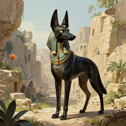 full body photo of anthropomorphic black egyptian jackal in a beautiful lush limestone city, deep focus, highly detailed, digital painting, artstation, concept art, matte, sharp focus, illustration, art by artgerm and greg rutkowski and alphonse mucha