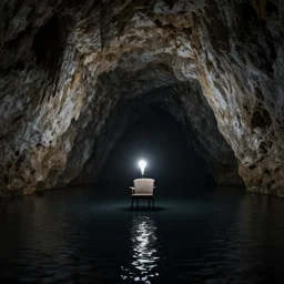 a huge cave, black cave lake, chair stool armchair under a lightbulb, surrounded by black water, surreal, highly detailed, artstation, smooth, sharp focus, by greg rutkowski, 8 k