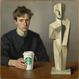 A cup of coffee from Starbucks by Dan Mumford and Umberto Boccioni, oil on canvas