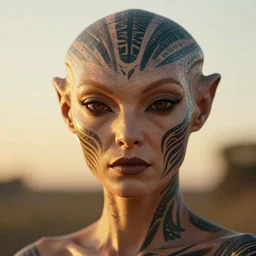 portrait photo of a beautiful alien face with tribal tattoos on face, golden hour, 8 0 mm lens