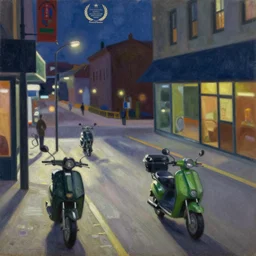 oil on canvas, painting from edward hopper, in the style of nighthawks, lime scooters on the street