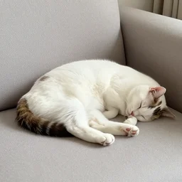 a cat on a sofa, relaxed, sleeping