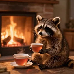 little raccoon and sitting by a cozy fireplace with a cup of tea. warm color temperature,