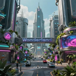 Wonderland cyberpunk, artstation, realistic, environments, 4k