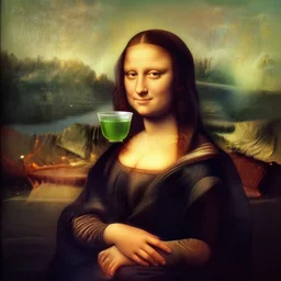 Mona Lisa drinking green tea while the world burns in the background