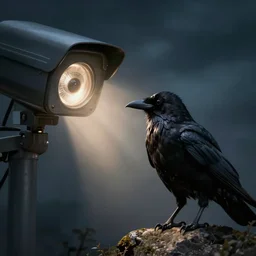 dark ominous crow watching surveillance camera glowing eye