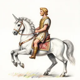 A drawing of Julius Caesar riding a unicorn, colored pencil art,