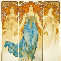 in the style of artgerm, arthur rackham, alphonse mucha, phoebe tonkin, symmetrical eyes, symmetrical face, flowing blue skirt, full entire body, hair blowing, intricate filagree, hidden hands, warm colors, cool offset colors