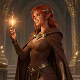 sideview of a dnd young priestess in a temple, earth attuned, brown robes, skintight, cloak, beautiful, light brown skin, red hair, happy, metallic brass accessories, spellcasting, sensual, high fantasy, detailed face, highly detailed, sharp focus, smooth, digital illustration, by clyde caldwell