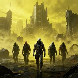 humans with protection suits walking in cyberpunk apocalypse doomsday city with yellow fog, post nuclear coastline, fantasy concept art, hyper realistic illustration, symetrical complex fine detail, 8 k, sinister, artstation, unreal engine,
