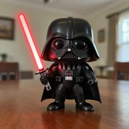 a darth vader funko pop wielding a red lightsaber on a table inside a suburban house