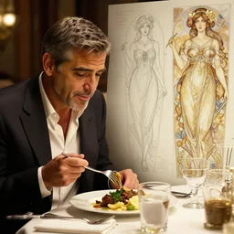 george clooney eating dinner at the titty twister, character sheet, character design, contrast, deep focus, turnaround, highly detailed, dramatic lighting, digital painting, artstation, concept art, matte, sharp focus, illustration, elegant, art by artgerm and greg f and alphonse mucha.