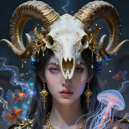 isis goddess macro close - up portrait with extremely detailed crown made of ram skull dripping gold + betta fish + jellyfish, in the style of michael cheval, bioluminiscent, plasma, wind, creature
