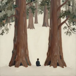 a small figure of a man sitting under giant sequoia tress, tranquil, silent, solemn, oil painting, minimalist