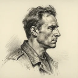 a realistic yet scraggly portrait sketch of the side profile of a stern and sophisticated the demoman, trending on artstation, intricate details, in the style of frank auerbach, in the style of sergio aragones, in the style of martin ansin, in the style of david aja, in the style of mattias adolfsson