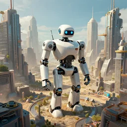 The robot city, a fantasyland full of robots in a surrealistic city in digital wasteland in the future