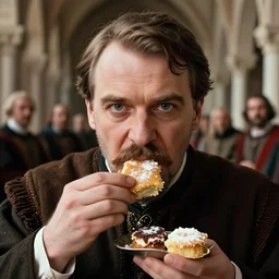 closeup portrait of a medieval stalin eating cakes in the cloisters, depth of field, zeiss lens, detailed, symmetrical, centered, fashion photoshoot, by Annie Leibovitz and Steve McCurry, David Lazar, Jimmy Nelsson, Breathtaking, 8k resolution, extremely detailed, beautiful, establishing shot, artistic, hyperrealistic, beautiful face, octane render
