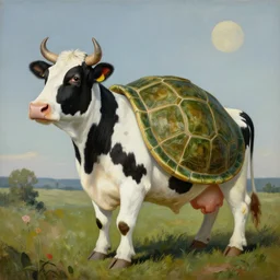 a cow with turtle costume, surrealism, painting by boris vallejo and michael whelan