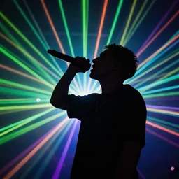 rapping with microphone, epic angle, profile view, silhouetted, distinct, psychedelic hip-hop, laser light show, beams of light