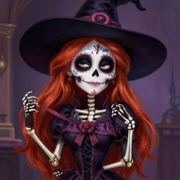 cute & beautiful smug smiling mexican undead skeleton girl with red hair dressed as a witch, elegant, digital art, fantasy, pixar style, painting, pin up, highly detailed, artstation, art by artgerm, vrubel, boris vallejo and ilya kuvshinov
