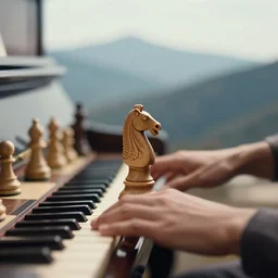 knight chess piece playing piano, chessboard background, mountains further away