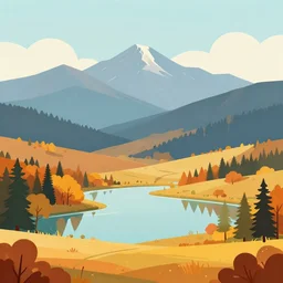 Autumn landscape with mountains in the distance and a lake, vector art
