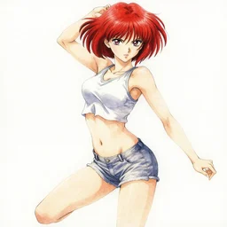 fullbody!! yoshitaka amano lineart, watercolour, gorgeous girl symmetrical face, short red hair, crop top, shorts, dynamic action pose, hyper detailed, character concept, intricate, elegant, digital painting, artstation, smooth, sharp focus