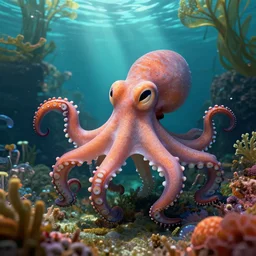 dramatic and happy octopus swimming in a garden under the sea in the shade. trending on cgsociety, happy atmosphere, natural volumetric lighting, exaggerated detailed, wide angle, octane render, raytraced realistic