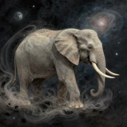 a shapeless elephant made of space and time, weaving dust of predetermination and a state of utter confusion across the universe, muted colors, fantasy illustration, digital art