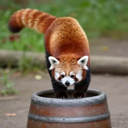 a red panda doing a handstand on a keg