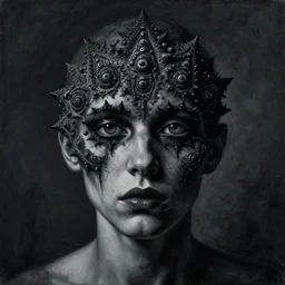 dramatic portrait painting of human with black mandelbrot fractal instead of face, in style of zdzisław beksinski, dark, horror, body horror, scary,