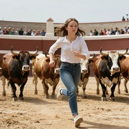 greta thunberg running in san fermines chased by bulls, highly detailed, cinematic, 8 k resolution, beautiful detailed, octane render, unreal engine, ramon masats style,