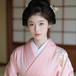 portrait of a gorgeous japanese beauty wearing kimono, pink zen style, photorealistic portrait, porcelain skin, beautiful eyes and face, smooth, 8 k uhd, beautiful volumetric lighting